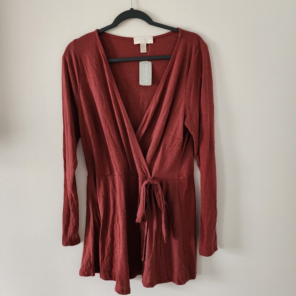 NWT Forever 21 Plus 0X Top Knit Faux Wrap Long Sleeve Tunic Ginger Red